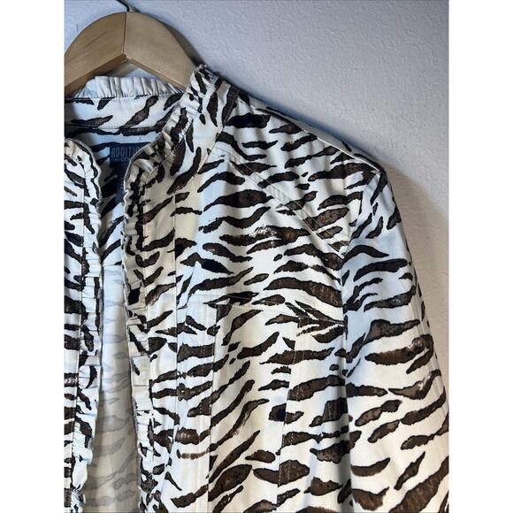 Chico's 2 chicos large Paw Animal Print Ruffle Trim Stretch Chino Jacket - Picture 2 of 13